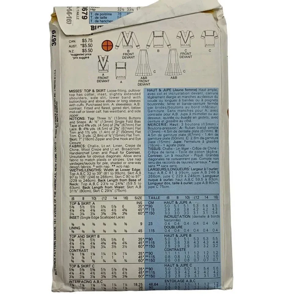 Vintage 80s Butterick 3679 Pattern Misses 6-16 Top Two Length Midi Skirt Cut